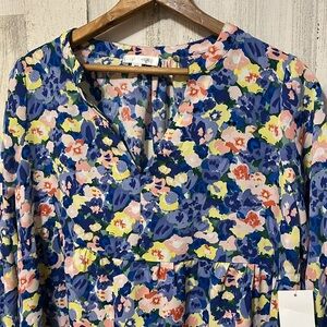 KK74 Blue muticolor pink yellow flower dress v neck summer flowy medium med M